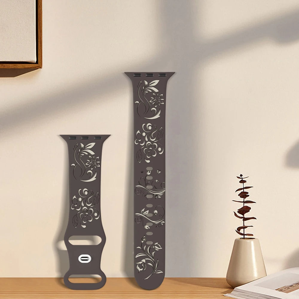 Silicone Band For Apple Watch Strap 49mm 44mm 46mm 40mm 41mm 42mm 45mm Flower Engraved Bracelet iWatch Series Ultra 10 9 6 5 se