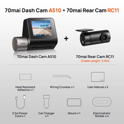 70mai Dash Cam A510 1944P HDR GPS ADAS 4G Connectivity 70mai 4G Front Cam A510 Car DVR 24H Parking Support Rear Cam