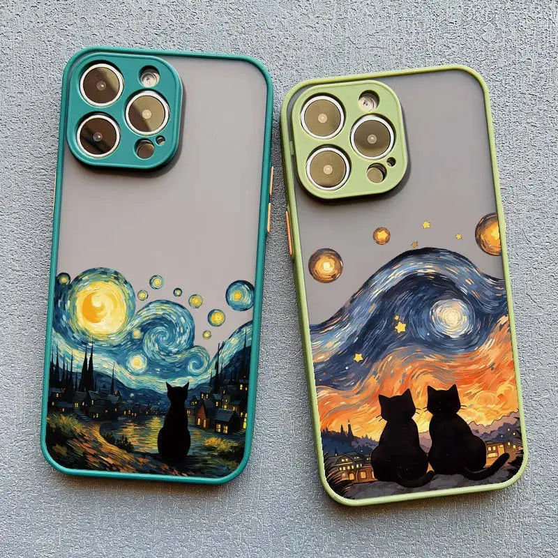 Artistic Black Cat Starry Night Phone Case For iPhone 15 14 13 12 11 Pro Max 12 16 Mini XS X XR 8 7 14 15 Plus Shockproof Shells