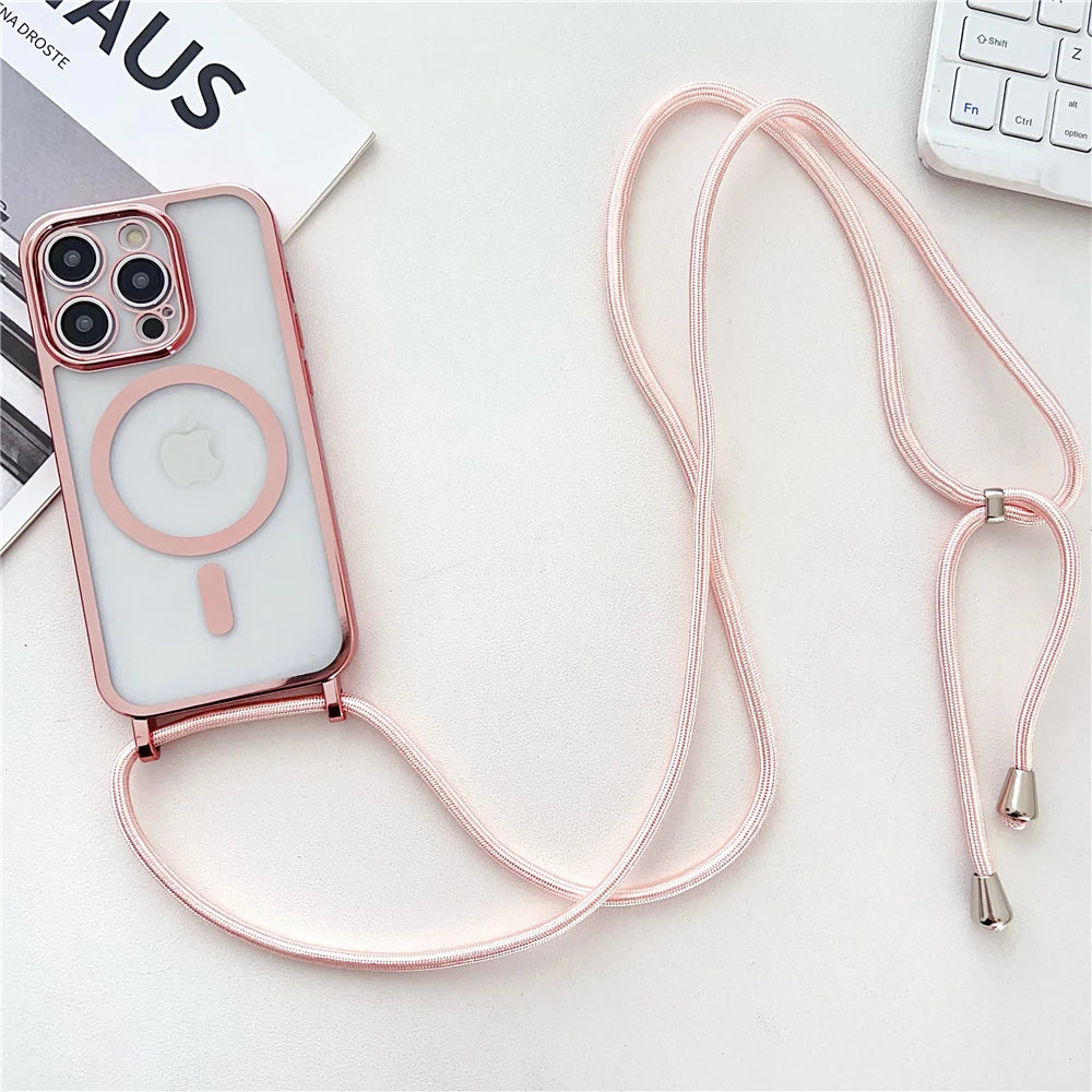 Luxury Necklace Cord Rope Lanyard Plating Magnetic Clear Phone Case For iPhone 16 14 11 12 13 15 Pro Max For Magsafe Soft Coverd