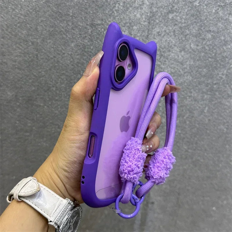 3D Cat Ear Cute Lanyard Magnetic Transparent Case For iPhone 16 15 14 13 12 ProMax Plus 11 Wristband Clear Magsafe Cover