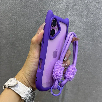3D Cat Ear Cute Lanyard Magnetic Transparent Case For iPhone 16 15 14 13 12 ProMax Plus 11 Wristband Clear Magsafe Cover