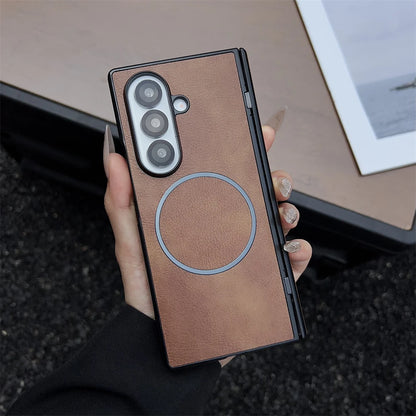 For Samsung Galaxy Z Fold 7 5 4 3 Case Leather Pattern For Magsafe Magnetic Case For Galaxy Z Fold6 Fold7 Wireless Charge Cover