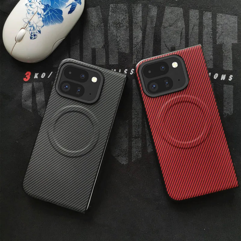 Magnetic Case for Google Pixel 10 9 Pro Fold Leather Carbon Fiber Texture Cover for Mag-safe Wireless Chagre Shell Phone Fundas