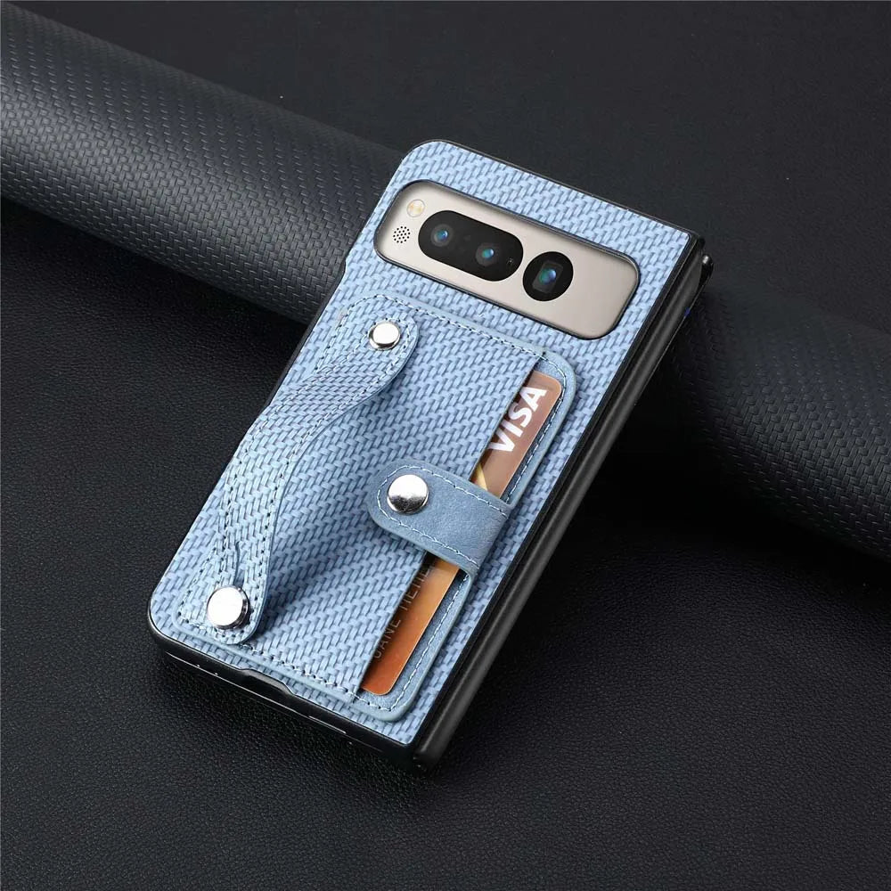 for Google Pixel Fold Case Shockproof Protect Lens Wristband Card Slot Stand Holder Shell PU Leather Carbon Texture Cover Fundas