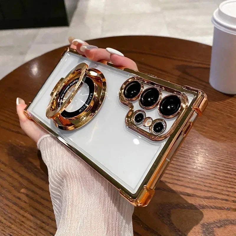 Luxury Magnetic Plating Case For Samsung Galaxy S25 S24 S23 S22 S20 FE Note 20 Ultra Stand Shockproof Transparent Back Cover