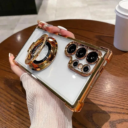 Luxury Magnetic Plating Case For Samsung Galaxy S25 S24 S23 S22 S20 FE Note 20 Ultra Stand Shockproof Transparent Back Cover