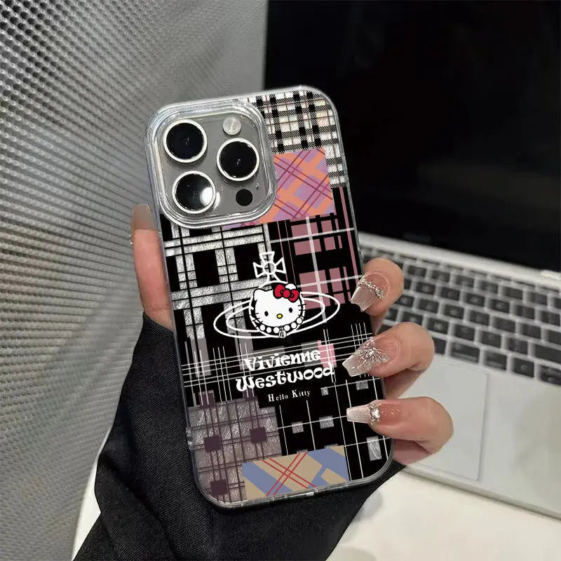 Black Plaid feather gauze Hello Kitty KT Phone Case For iPhone 16 15 14 13 12 11 Pro Max 7 8Plus XR XS MAX MINI Y2K Cute Cover