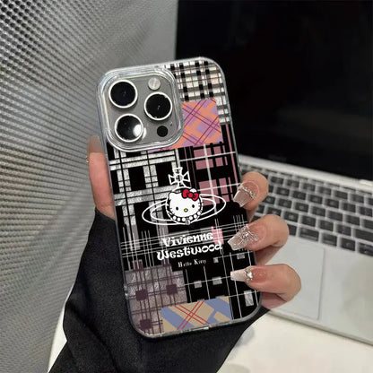 Black Plaid feather gauze Hello Kitty KT Phone Case For iPhone 16 15 14 13 12 11 Pro Max 7 8Plus XR XS MAX MINI Y2K Cute Cover