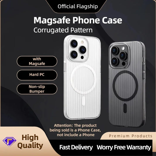 Phone Case with Corrugated Pattern Magsafe Magnetic Supoort Wireless Charge  for IPhone16 15 14 13 12 17 Non-slip Bumper Hard PC