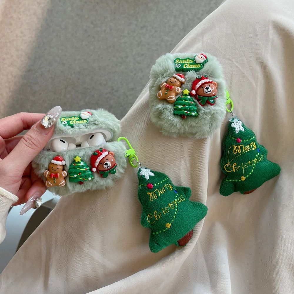 Cute 3D Xmas Cartoon Plush Earphone Case for AirPods 4 3 Pro 2 1, Merry Christmas Tree Pendant Bear Santa Claus Protective Cover