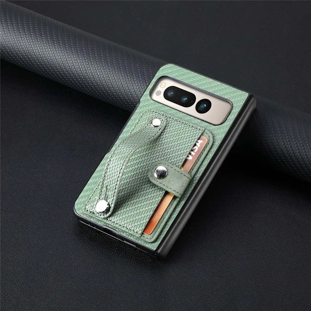 for Google Pixel Fold Case Shockproof Protect Lens Wristband Card Slot Stand Holder Shell PU Leather Carbon Texture Cover Fundas