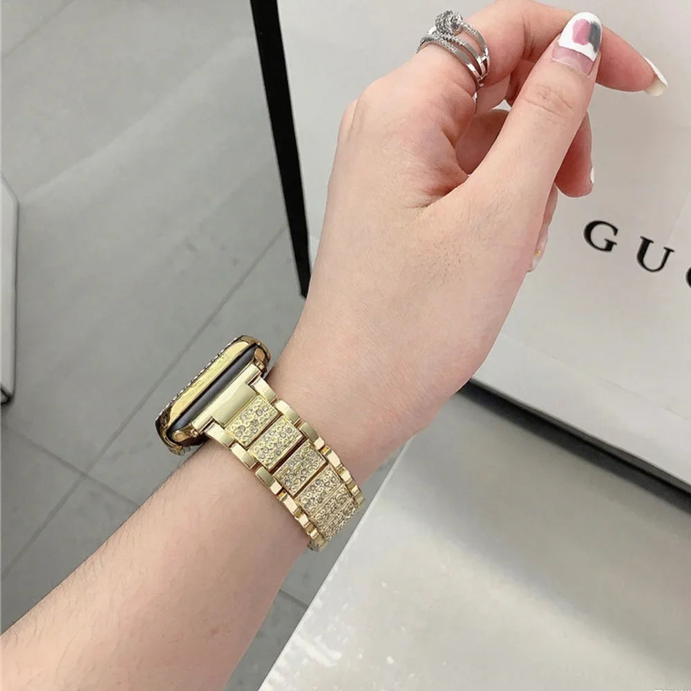 NEW Diamond case+Strap For Apple Watch Band 41mm 38mm 42mm  45mm 40mm 44mm Metal Belt IWatch Series 9 8 7 SE 6 5 Women Bracelet