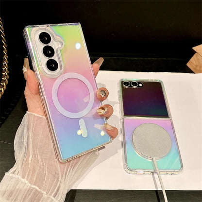 Gradient Aurora Rainbow Laser Magnetic for Magsafe Case for Samsung Galaxy Z Fold 7 6 5 4 3 ZFlip 7 6 5 4 3 Clear Colorful Cover