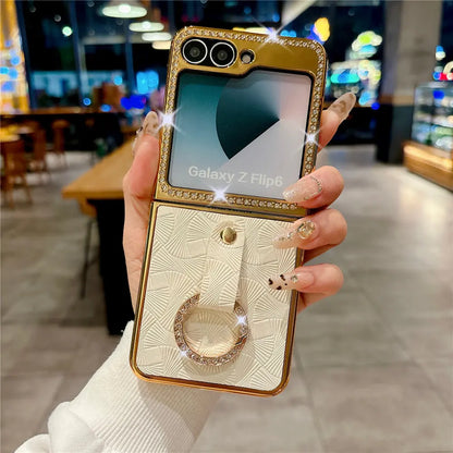Leather Plating  Ring Phone Case For Samsung Galaxy Z Flip 7 6 Flip 5 Zflip 4 3 Bling Diamond Shockproof Cover Funda
