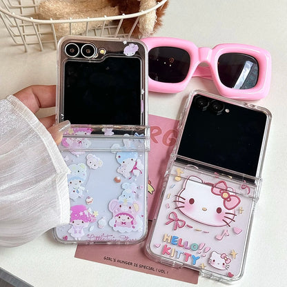 Cute Cartoon Sanrio Hello Kitty Stand Holder Phone Case For Samsung Galaxy Z Flip 7 6 5 4 3 Case Soft TPU Cover With Lanyard