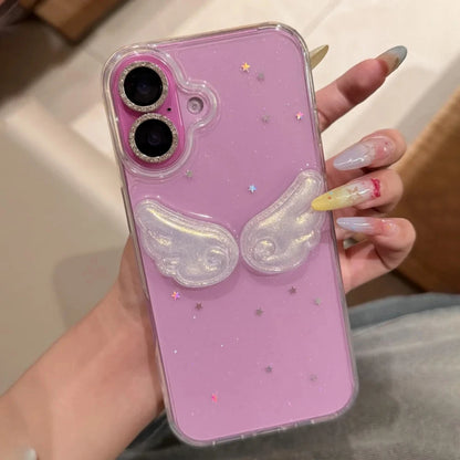 Korean INS Cute Glitter Shiny Angel Wings Phone Case For iPhone 16 15 13 12 11 Pro Max 14 Plus X XR XS Max Clear Cover Girl Gift