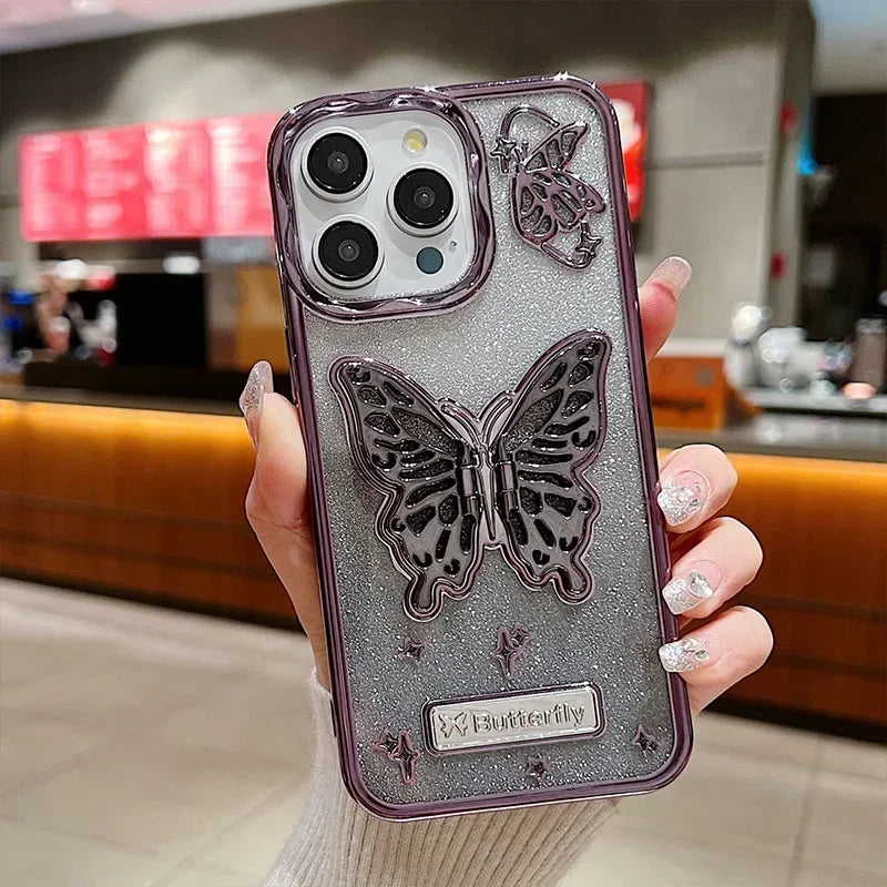 Butterfly Stand Plating Phone Cases For IPhone 16 15 Pro Max 14 13 12 11 Gradient Glitter Protect Shockproof Back Cover
