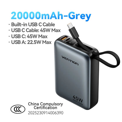Vention CCC 45W 20000mAh Power Bank Fast Charging Portable Charger for Xiaomi iPhone Pro Max Samsung Galaxy Battery 3C Powerbank