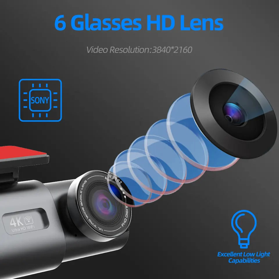 Dash Cam 4K UHD Recording Car Camera DVR Night Vision Video Recorder Built-In Wi-Fi Support Dual Lens GPS 24H Parking