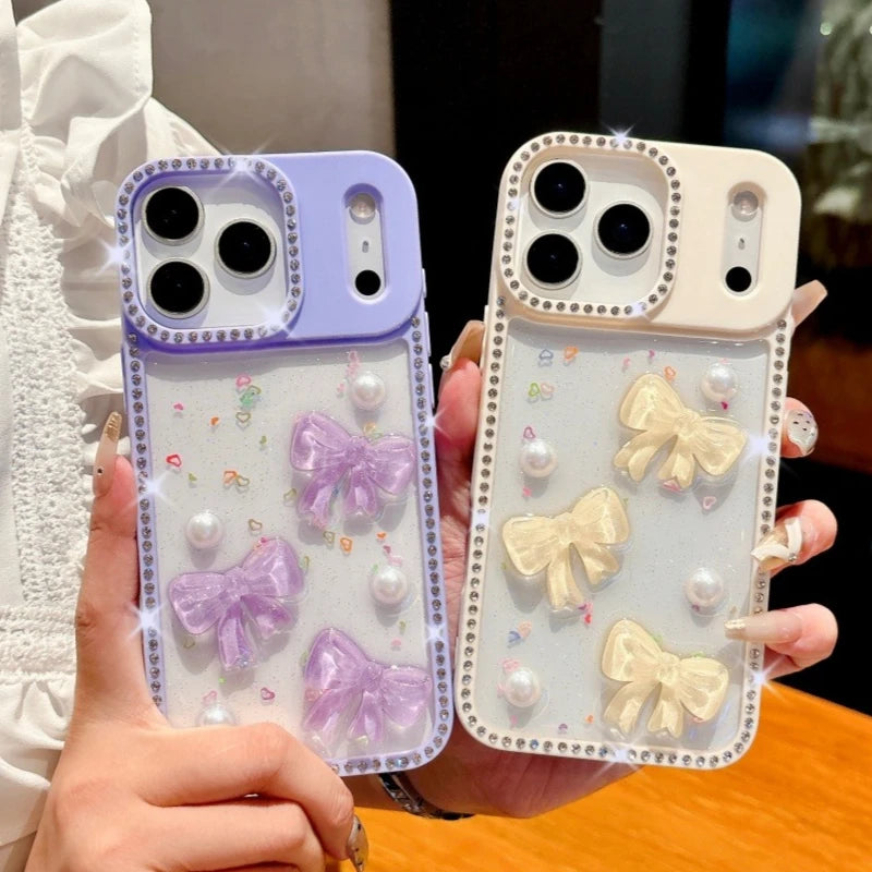 Shiny Diamond 3D Pearl Bow Phone Case For iPhone 17 AIR 16 15 14 13 Pro Max 17pro Plating TPU Epoxy Shockproof Transparent Cover