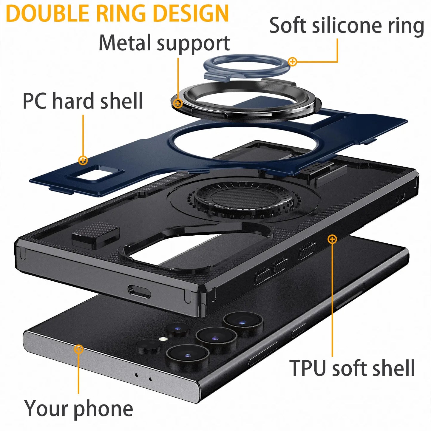 For Samsung Galaxy S24 ULTRA 5G Phone Case Hybrid Shockproof Double Ring Kickstand Rugged Hybrid Slim Thin Hard Phone Cover Blue