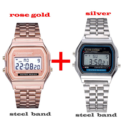 2Pcs Fashion Digital Men's Watches Gold Luxury Stainless Steel Link Bracelet Wrist Watch Band Business Electronic Male Clock