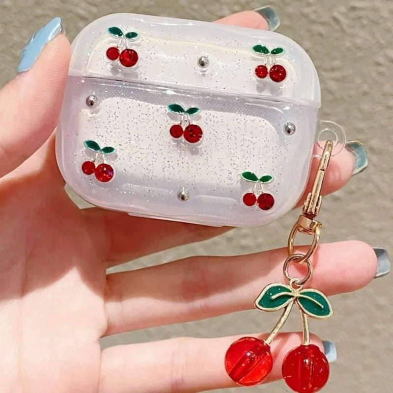 Cute Cherry Decor Clear Glitter Earphone Case for AirPods Pro2, Pro3, Pro with Cherry Charm Protective Case for AirPods 1/2 3 4