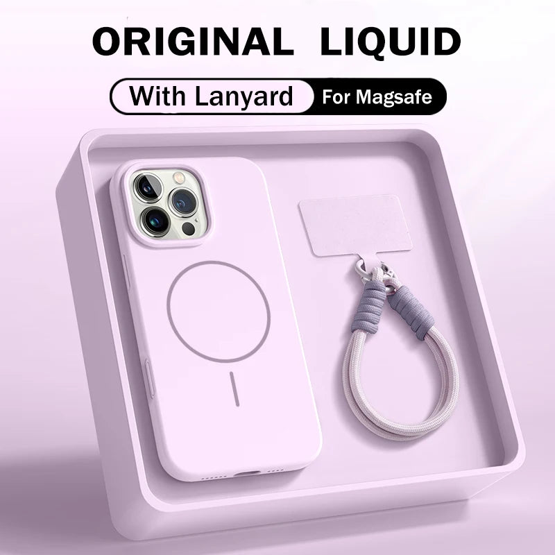 Official Liquid Silicone Lanyard Strap Rope Case For iPhone 16E 16 14 15 Plus 12 13 11 Pro Max For Magsafe Magneitc Soft Cover