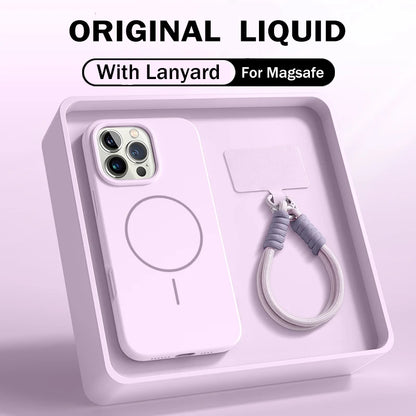 Official Liquid Silicone Lanyard Strap Rope Case For iPhone 16E 16 14 15 Plus 12 13 11 Pro Max For Magsafe Magneitc Soft Cover