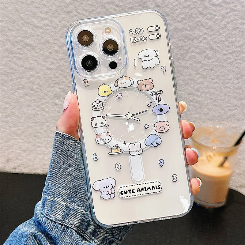 Cute Cartoon Animal Dog Cat Magsafe Clear Phone case For iPhone 11 12 13 14 15 16 Pro Max Plus Wireless Charging Magnetic Cover