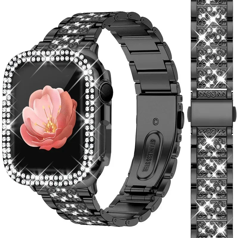 NEW Diamond case+Strap For Apple Watch Band 41mm 38mm 42mm  45mm 40mm 44mm Metal Belt IWatch Series 9 8 7 SE 6 5 Women Bracelet