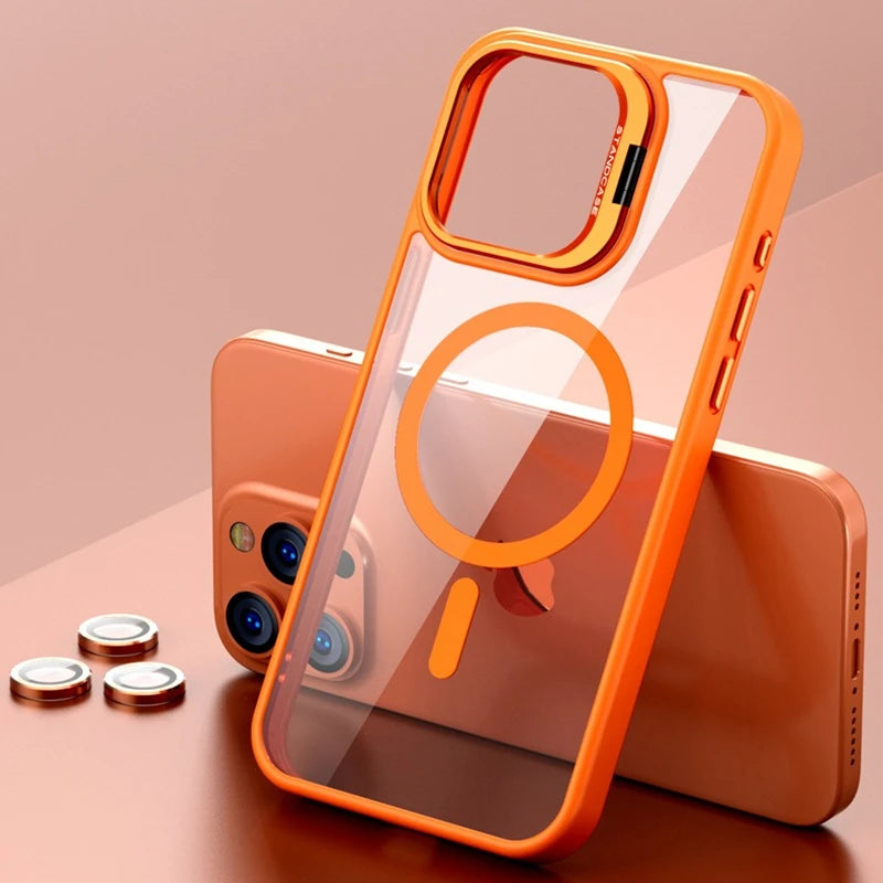 Fashion Magnetic Stand Case for iPhone 16 15 14 Plus 13 12 11 Pro Max Case for Magsafe Wireless Charge With Lens Protector Cover
