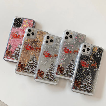 Christmas Liquid Dynamic Quicksand Glitter Phone Case For 16 Pro 15 Pro Max 3D Bling TPU Silicone Shockproof Cover
