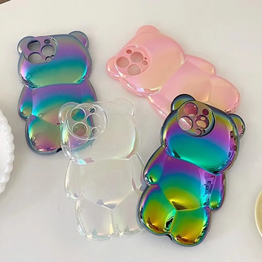 Ins Cute 3D Aurora Cartoon Bear Case For iPhone 11 13 12 14 15 16 Pro Max 16 Plus Colorful Laser Rainbow Gradient Soft Cover