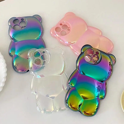 Ins Cute 3D Aurora Cartoon Bear Case For iPhone 11 13 12 14 15 16 Pro Max 16 Plus Colorful Laser Rainbow Gradient Soft Cover