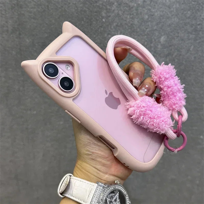 3D Cat Ear Cute Lanyard Magnetic Transparent Case For iPhone 16 15 14 13 12 ProMax Plus 11 Wristband Clear Magsafe Cover