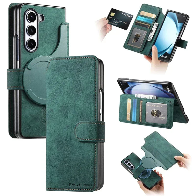 Strong Magnetic 2 In 1 PU Leather Case For Samsung Galaxy Z Fold 7 6 5 4 3 Magsafe Case Detachable Flip Card Holder Wallet RFID