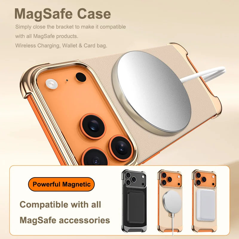 Luxury Leather Ultra Thin Frameless Magnetic Case For iPhone 17 16 15 14 13 Pro Max 17Air 17Pro Metal Bracket Anti-Drop Bumper
