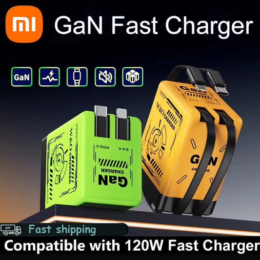 XIAOMI GaN Charger Compatible with 120W Fast Charger Retractable Type-C lightning Cable Portable Adapter For iPhone iPad Samsung