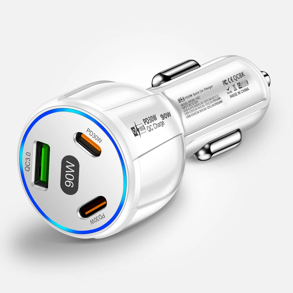 3 Ports PD Car Charger 90W Fast Charging USB QC3.0 Type C Car Phone Charger For iphone 15 Samsung Huawei Xiaomi Adapter in Car