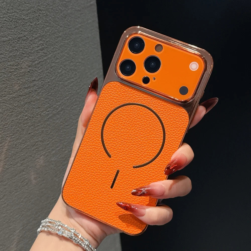 Luxury Litchi PU Leather Magnetic Phone Case for iPhone 17 ProMax Air 16 15 14 13 Pro Max Plus Large Window Creative Lens Cover