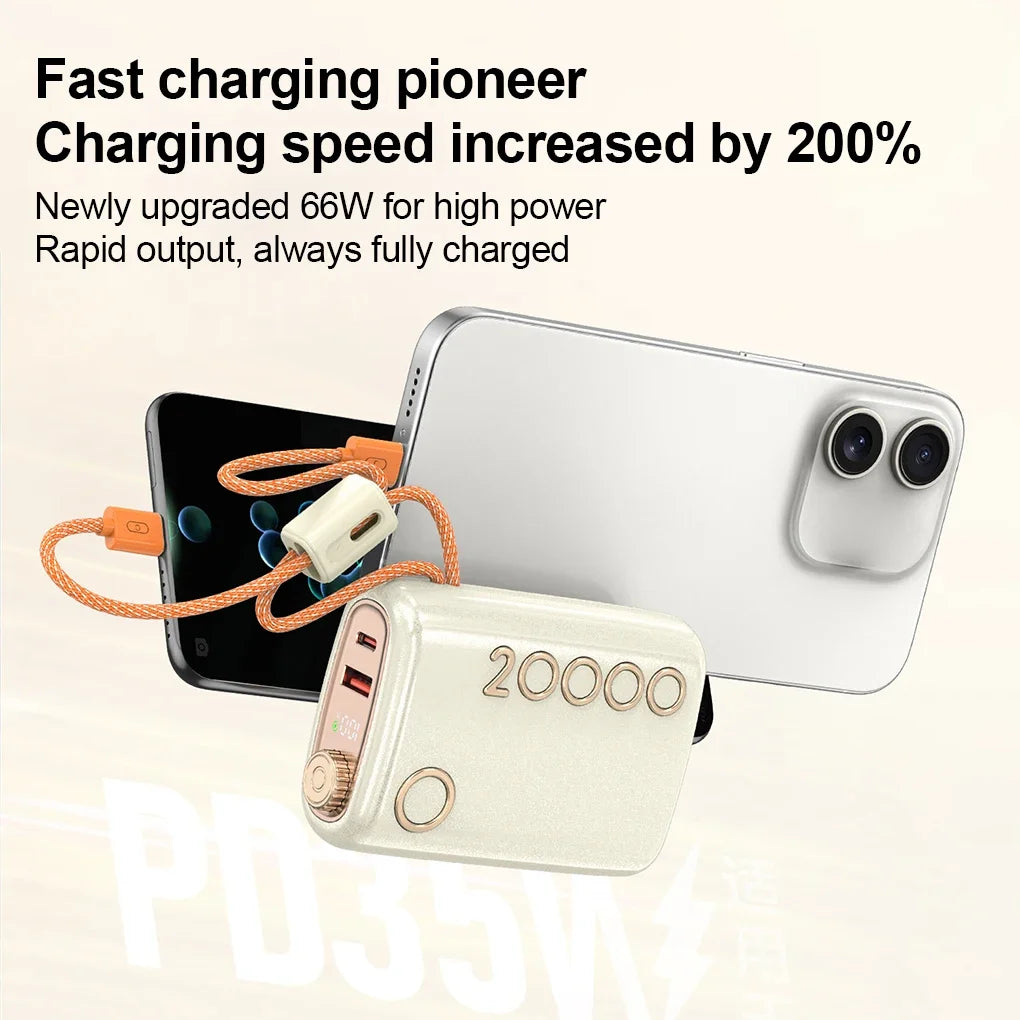 20000mAh 66W Fast Charging Power Bank Built in Cable Hanging Portable Large Capacity