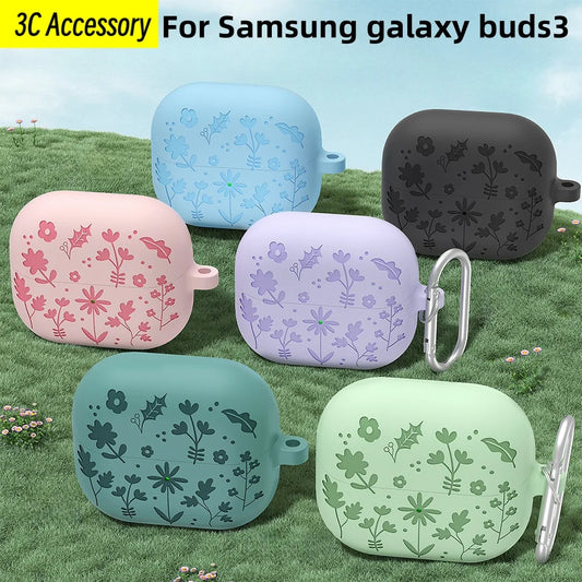 New Case For Samsung galaxy buds 3（2024）Coque Carving Flowers Design Liquid Silicone Soft Capa For galaxy buds3/3pro Cover Funda