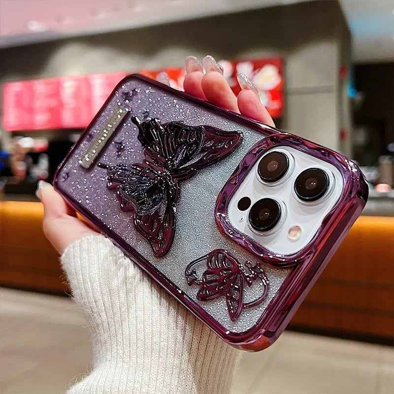 Butterfly Stand Plating Phone Cases For IPhone 16 15 Pro Max 14 13 12 11 Gradient Glitter Protect Shockproof Back Cover