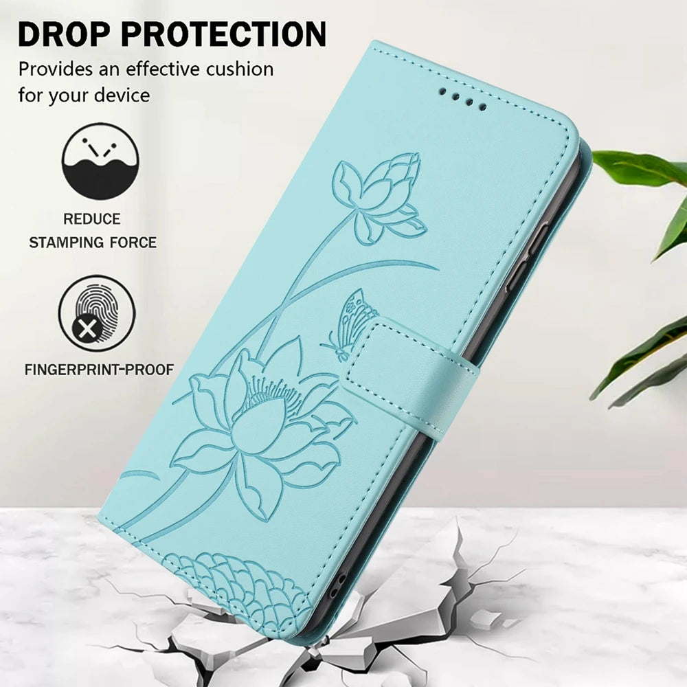 for Funda iPhone 17 16 15 14 13 12 11 Pro Max Lotus Leather Phone Case for Etui iPhone 17 Air 16E 15 Plus Cases Flip Cover Women