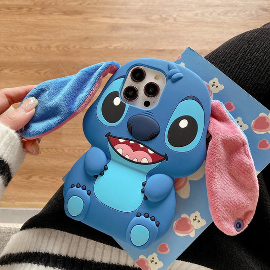 For iPhone 15 Pro Max 11 12 Pro Max 14 Pro 14 Plus 13 16 Kawaii Sit Stitch Big Ear Button Strap Cartoon Silicon Soft Phone Case