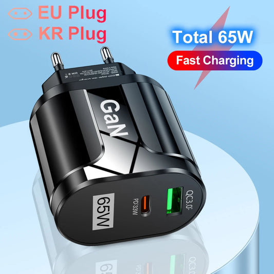 65W GaN USB C Charger Quick Charge Korea EU US Plug PD USB-C TypeC Fast USB Charger For iPhone 14 Xiaomi Samsung Macbook