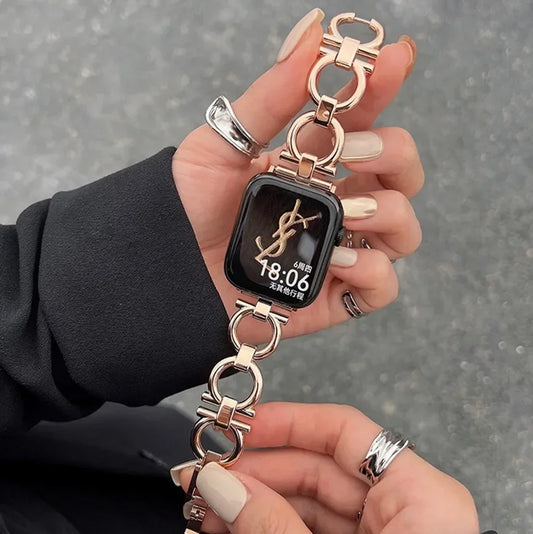 Metal Chain Strap for Apple Watch Series 9 8 7 6 SE 5 3 45/44/42/41mm Fashion Round Loop Bracelet IWatch Ultra 2 49mm 40mm 38mm