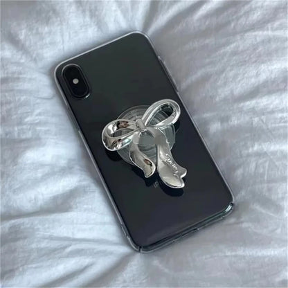 Korean Cute Silvery Bowknot Griptok Clear Phone Finger Ring Holder Stand Support For iPhone Samsung Foldable Socket Girl Bracket
